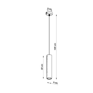 Technical line drawing showing the pendant lamp dimensions: 105 cm drop, 30 cm height, 6 cm diameter.