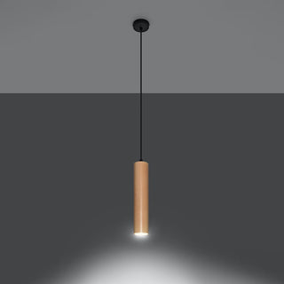Wooden cylindrical pendant lamp illuminated, showing the focused downward light beam.