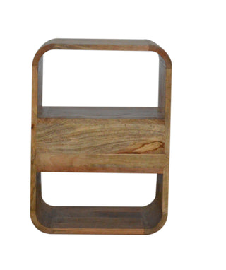 Front view of the wooden bedside unit structure, highlighting the open shelf and the drawer recess.