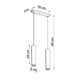 Technical drawing showing the dimensions of the two pendant lamp fittings and ceiling plate.