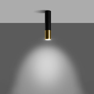 Black and golden cylindrical ceiling fixture switched on, demonstrating the focused downward light beam.