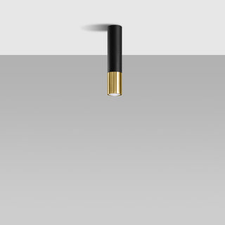 Black and golden cylindrical ceiling fixture mounted flush to a white ceiling.