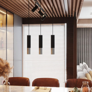 Matte black pendant light cluster with ribbed texture suspended below a wooden slatted ceiling.