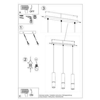 Line drawing showing the installation instructions and wiring diagrams for the pendant light.