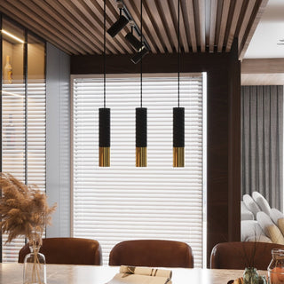 Triple pendant light hanging in a modern room with slatted wooden ceiling and white window blinds.