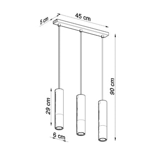 Line drawing detailing the dimensions of the triple pendant light, including 45 cm bar and 90 cm maximum drop.
