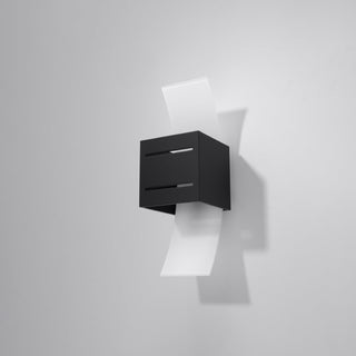 Side view of the black wall light with horizontal slits and frosted white panels extending above and below.