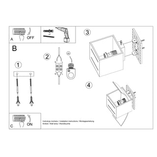 Installation manual diagram detailing wiring connections, wall mounting hardware, and final assembly of the cubic lamp.