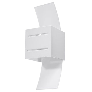 White wall lamp with a textured cubic body and two curved translucent panels extending up and down.