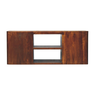 Front view of the dark wood media unit showing the central open storage shelves and solid side panels.