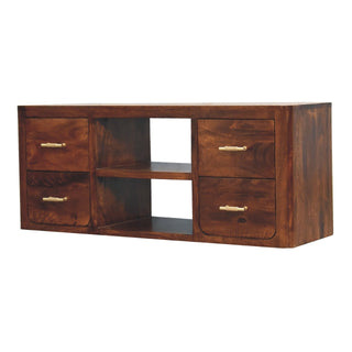 Four drawers with brass handles flanking two central storage shelves on the dark wood unit.