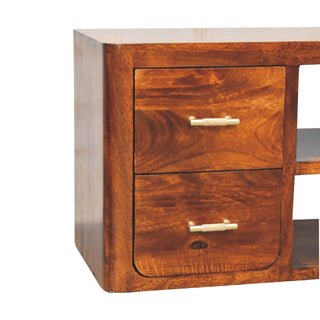 Close-up of the two left drawers, showing the dark wood grain and the textured brass bar handles.