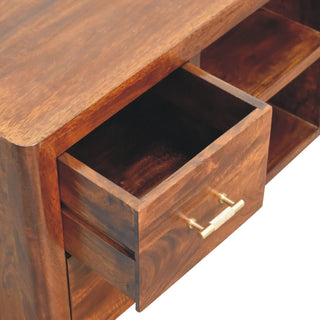Close-up of the media unit showing the top left drawer pulled open and the interior storage space.