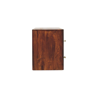 Side profile of the dark wood media unit, showing its depth and rounded front edge.