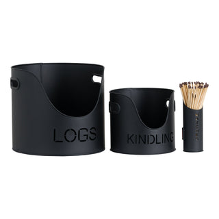Lucidora - Black Finish Logs And Kindling Buckets & Matchstick Holder - Buckets & Hods