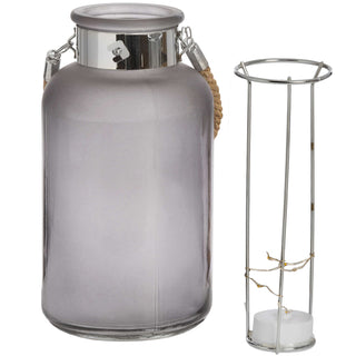 Lucidora - Frosted Grey Glass Lantern with Rope Detail and LED - Ornaments