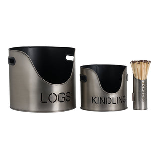 Lucidora - Pewter Finish Logs And Kindling Buckets & Matchstick Holder - Buckets & Hods