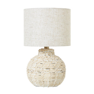 Lucidora - White Wash Small Bulbous Wicker Table Lamp With Linen Shade - Table Lamps