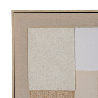 Close-up detail of the artwork showing the wood frame and layered neutral textures: linen, coarse stucco, and woven fabric.