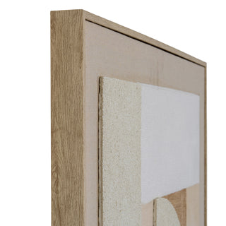 Detailed side view of the wood frame and the artwork's layered neutral textures, including coarse stucco and woven linen.