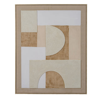 Framed linen textured canvas artwork, a neutral abstract collage of geometric shapes and textures, viewed front-on.