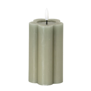 Grey fluted pillar LED candle shown front-on against a white background. The artificial flame is lit.