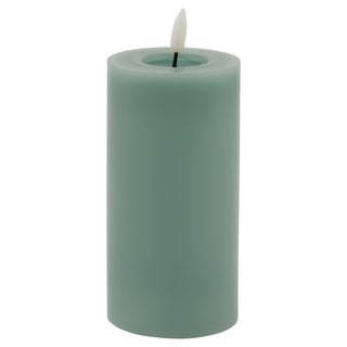 Sage green LED pillar candle with melt effect top and faux flickering flame.