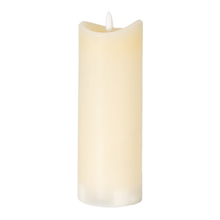 Front view of a tall, cylindrical cream LED candle with a melted wax rim and white faux flame.