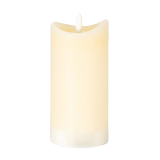 Cream LED pillar candle with a melted top edge and a flickering plastic flame element, shown against a white background.