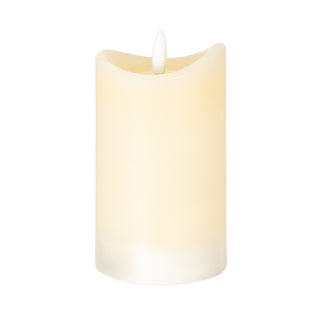 Cream LED pillar candle with a melted top edge and white plastic flame tip, shot front-on.