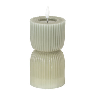 Grey carved LED candle with vertical fluting and a narrow centre, shown front-on with a faux flame.