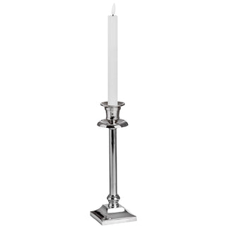 Single white LED candle with faux flame in a tall silver candlestick.