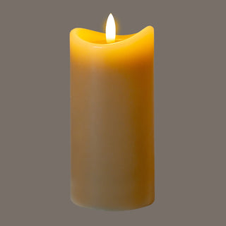 Plain front-on view of the taupe LED candle with the warm glow effect around the top.