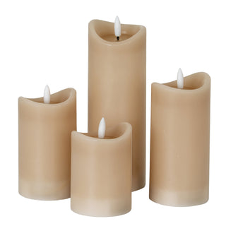 Four taupe LED pillar candles of different heights, showing the melted wax effect tops.