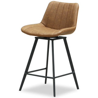 Tan upholstered bar stool with stitched backrest detail, set on a black metal swivel base.