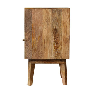 Side profile of the wooden bedside table highlighting the vertical grain and tapered legs.