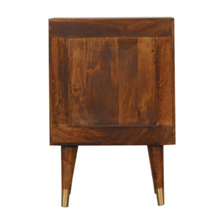 Back view of the dark wood bedside cabinet showing the recessed panel construction and tapered legs with brass ferrules.