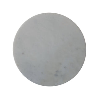 Detail view of the smooth, round white marble tabletop with subtle grey markings.