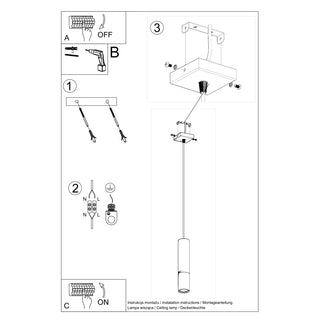 Installation instructions diagram for the pendant light, detailing wiring and ceiling mount.