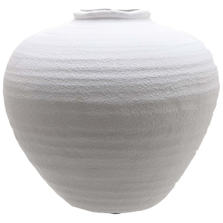 Matte white ceramic vase with a wide, rounded body and narrow neck. Features a highly textured, rough surface finish.
