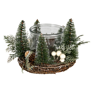 Plain front-on shot of the medium candle wreath featuring brush trees, white berries, and a central glass holder.