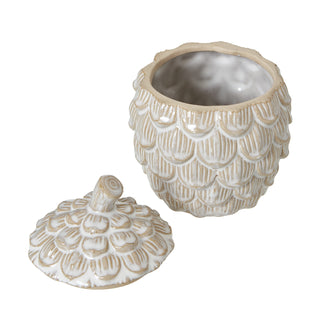 Ceramic pine cone dish with the lid removed, showing the open, glazed interior and the unglazed rim.