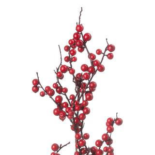Artificial red berries on dark stems, showing texture and glossy finish.