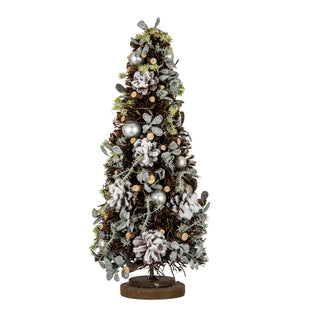 Front view of a small decorative tree made from brown twigs, decorated with frosted pinecones, grey leaves, and silver pearls.