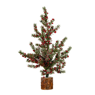Artificial tree with green frosted foliage and red berries, mounted on a cylindrical wooden log base.