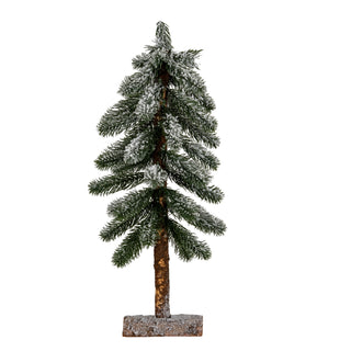 Front view of a medium flocked pine tree decoration standing on a rectangular wooden base.