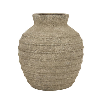 Full view of the medium grey vase, showing its rounded body and narrow opening against a plain background.