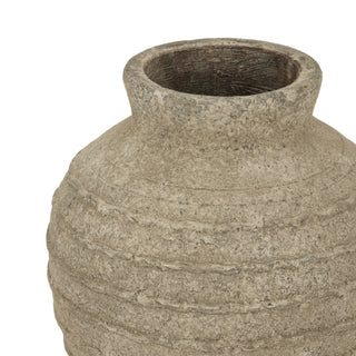 Close detail of the rough, ridged texture around the narrow neck and rim of the grey vase.