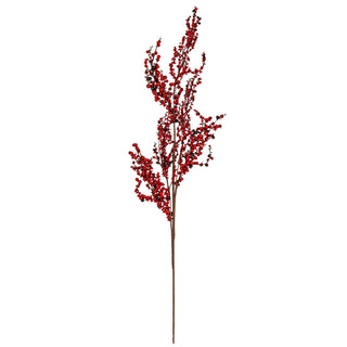 Front-on view of a decorative winter branch spray with clusters of bright red and dark berries on thin brown stems.