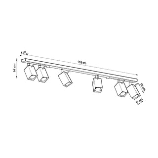 Technical line drawing showing the dimensions of the 118 cm long black ceiling light fixture.